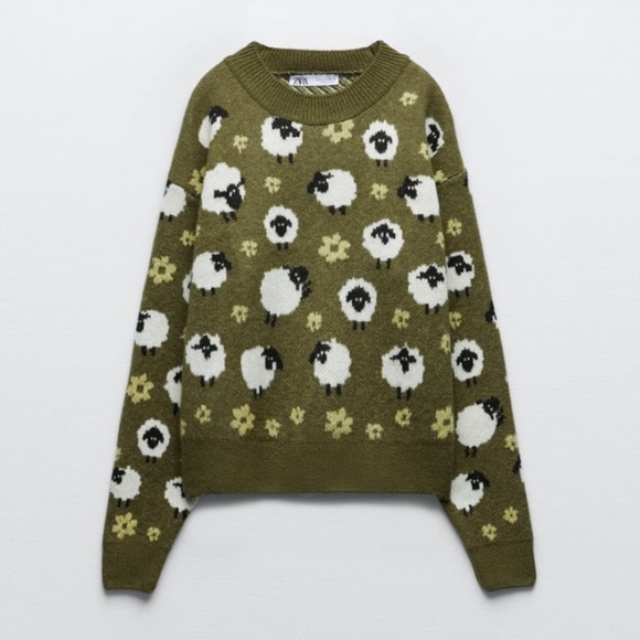 Zara khaki green cute sheep knit jacquard sweater NWT - Picture 1 of 9
